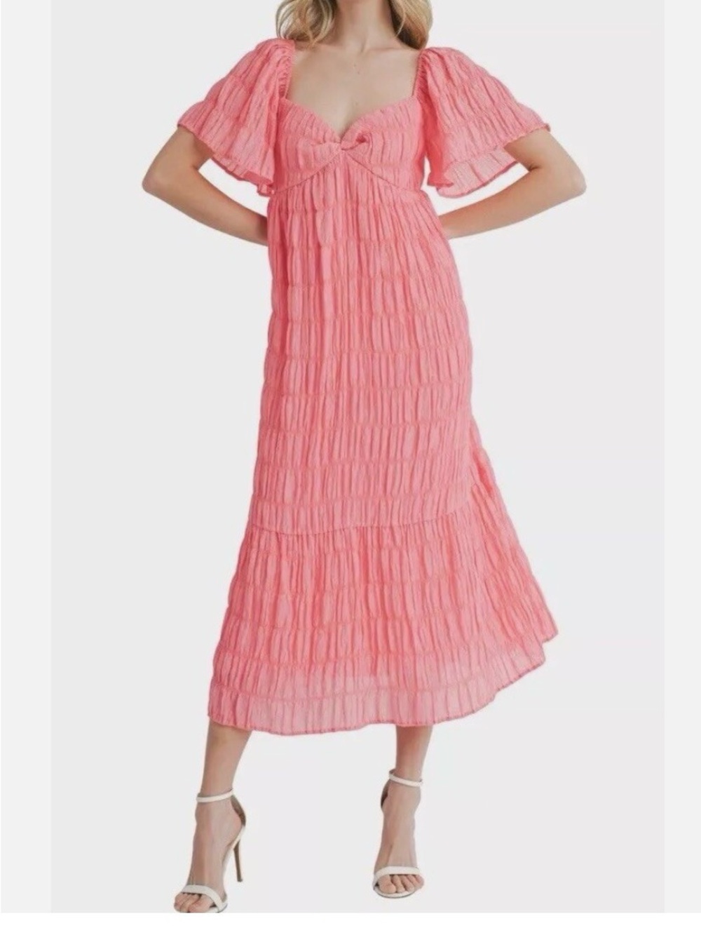Lush Coral Pink Ruched Midi Dress with Flutter Sleeves - XS